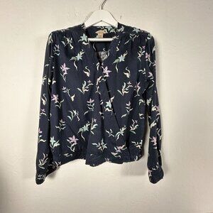 Duluth Trading Womens Floral Print Long-Sleeve Wrap Blouse Large Tencel Navy